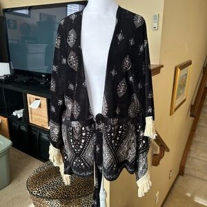 Fringe sleeve Tie front Flowy Patterned Kimono Cardigan